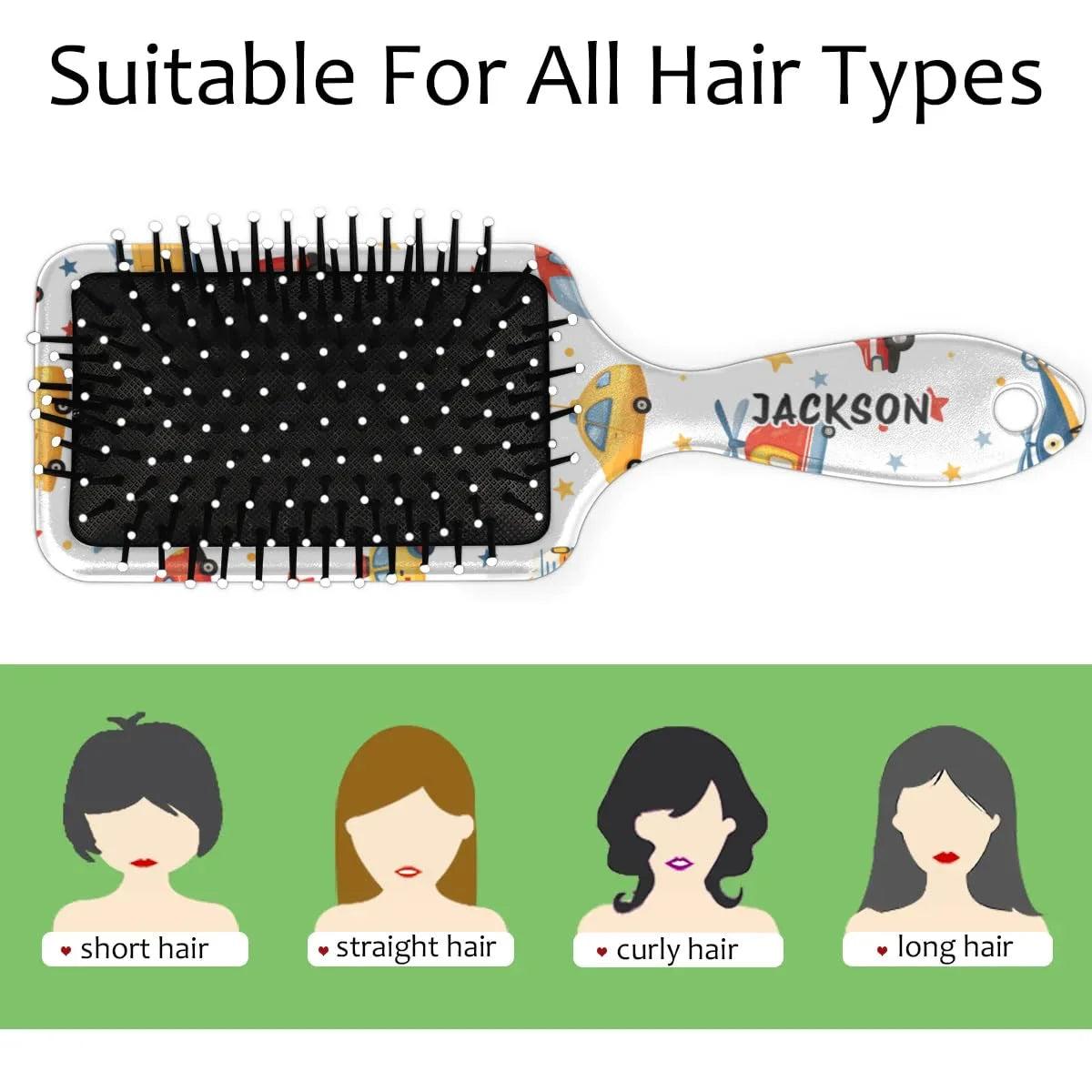 Personalized Cute Car Detangler-Hair-Brush for Kids Boys,Glides Through Tangles Comb,Custom Name Hair Brushes for All Hair Types Wet/Dry/Curly/Thick Hair,White 2