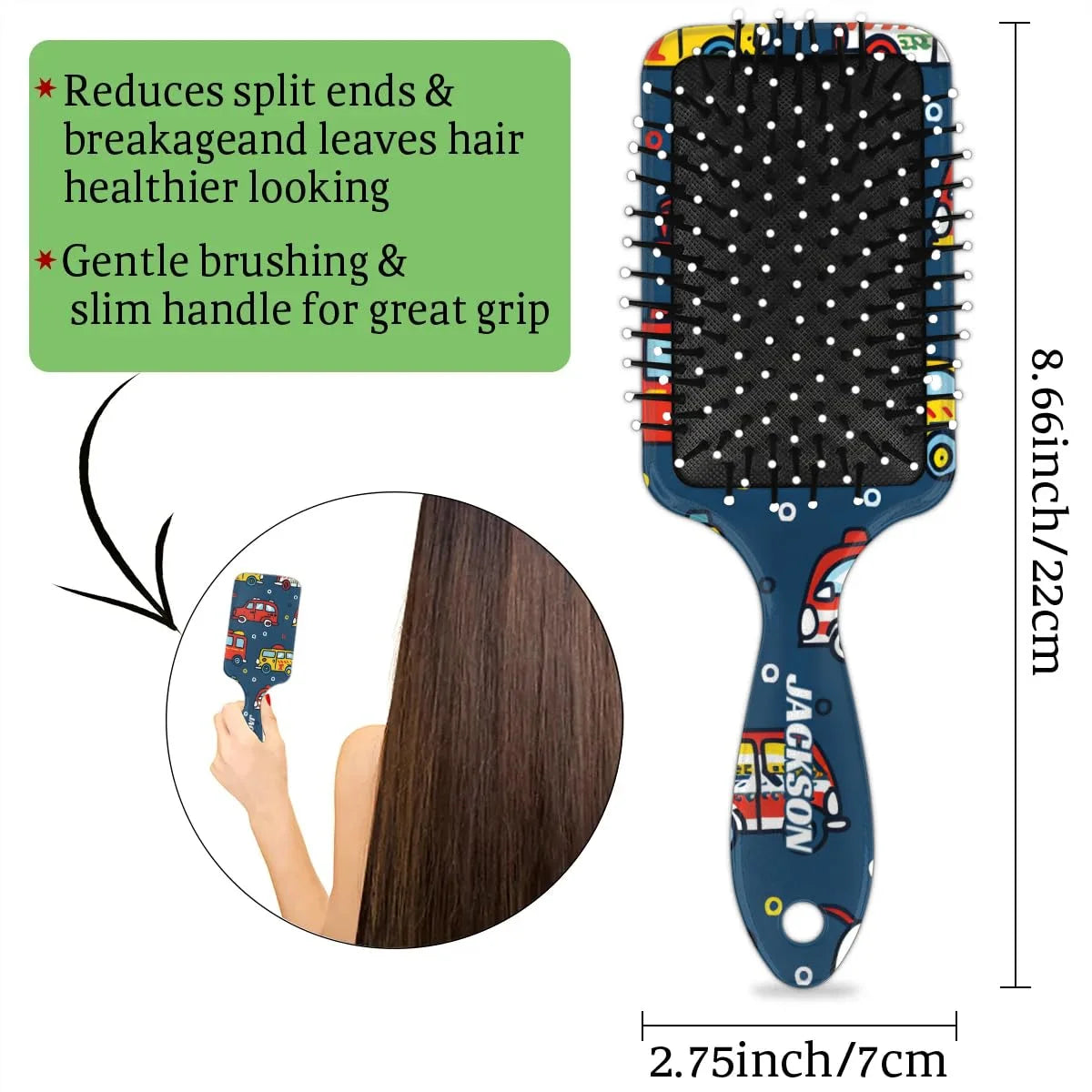 Personalized Cute Car Detangler-Hair-Brush for Kids Boys,Glides Through Tangles Comb,Custom Name Hair Brushes for All Hair Types Wet/Dry/Curly/Thick Hair,White 2