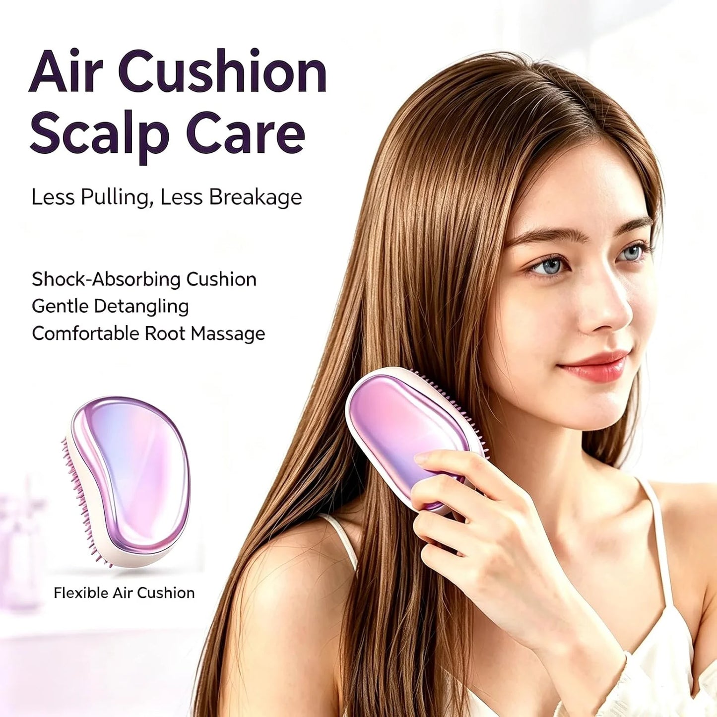 Portable Detangling Hair Brush with Protective Cover, Air Cushion Anti‑Pull Scalp Massage Comb, Travel Pocket Hair Detangler Brush for Wet Dry Curly Knotted Hair, for Women Girls
