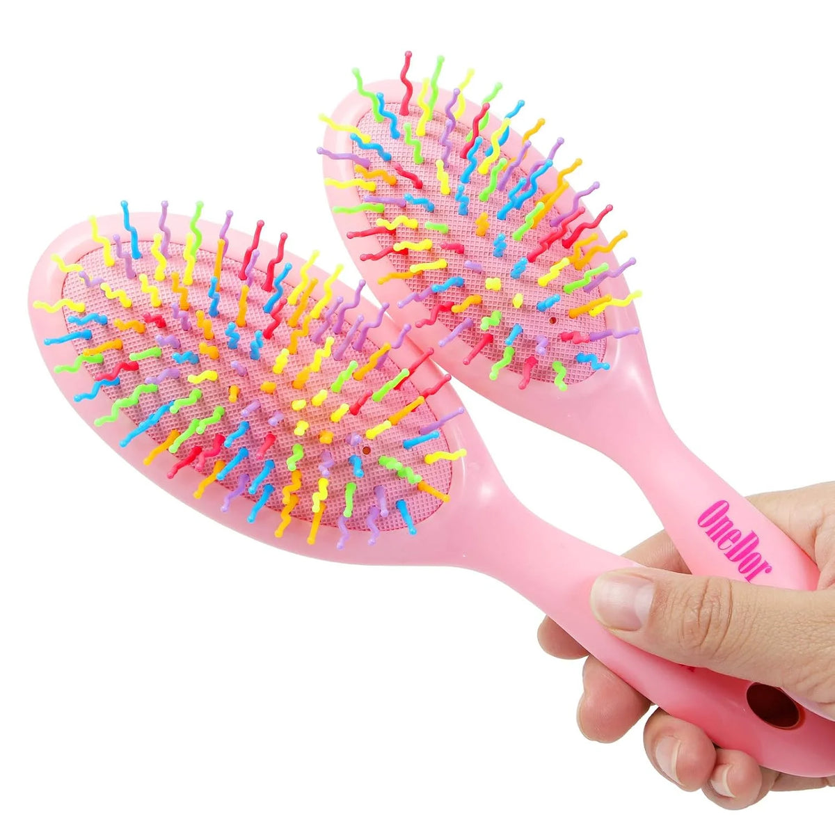 OneDor Rainbow S-Curve Ball tipped Air Volume Paddle Hair Brush with Flexible Cushion Base for Hair | Detangling Comb (2 Set - Pink)
