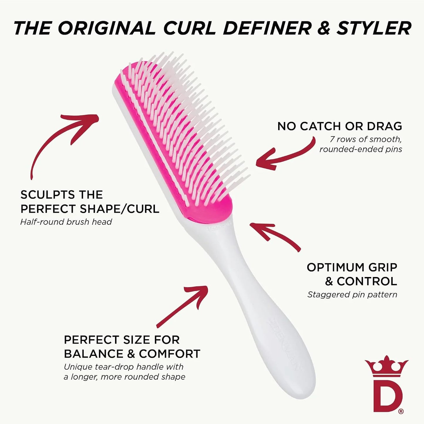 Denman D3 Original Curl Definer & Styler, Curly Hair Brush for Women & Men – 7 Row Detangling & Curl Defining Brush for Smooth Defined Curls - a precision Styling Brush for straight hair