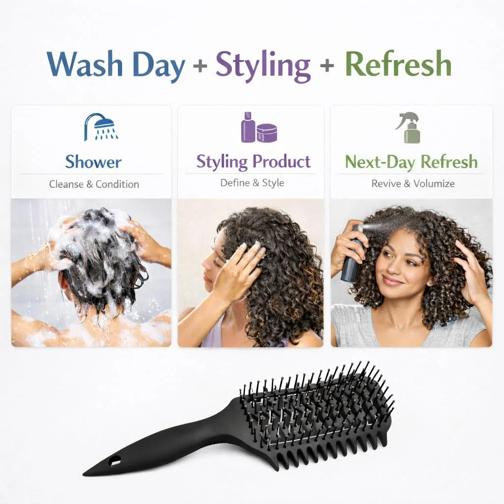 Curl Defining Brush for Curly Hair, Vented Detangling Hair Brush for Wet and Dry Styling, Curved Brush for Shaping and Smoothing Curl Clumps, Lightweight Hair Brush (2Pcs Black)