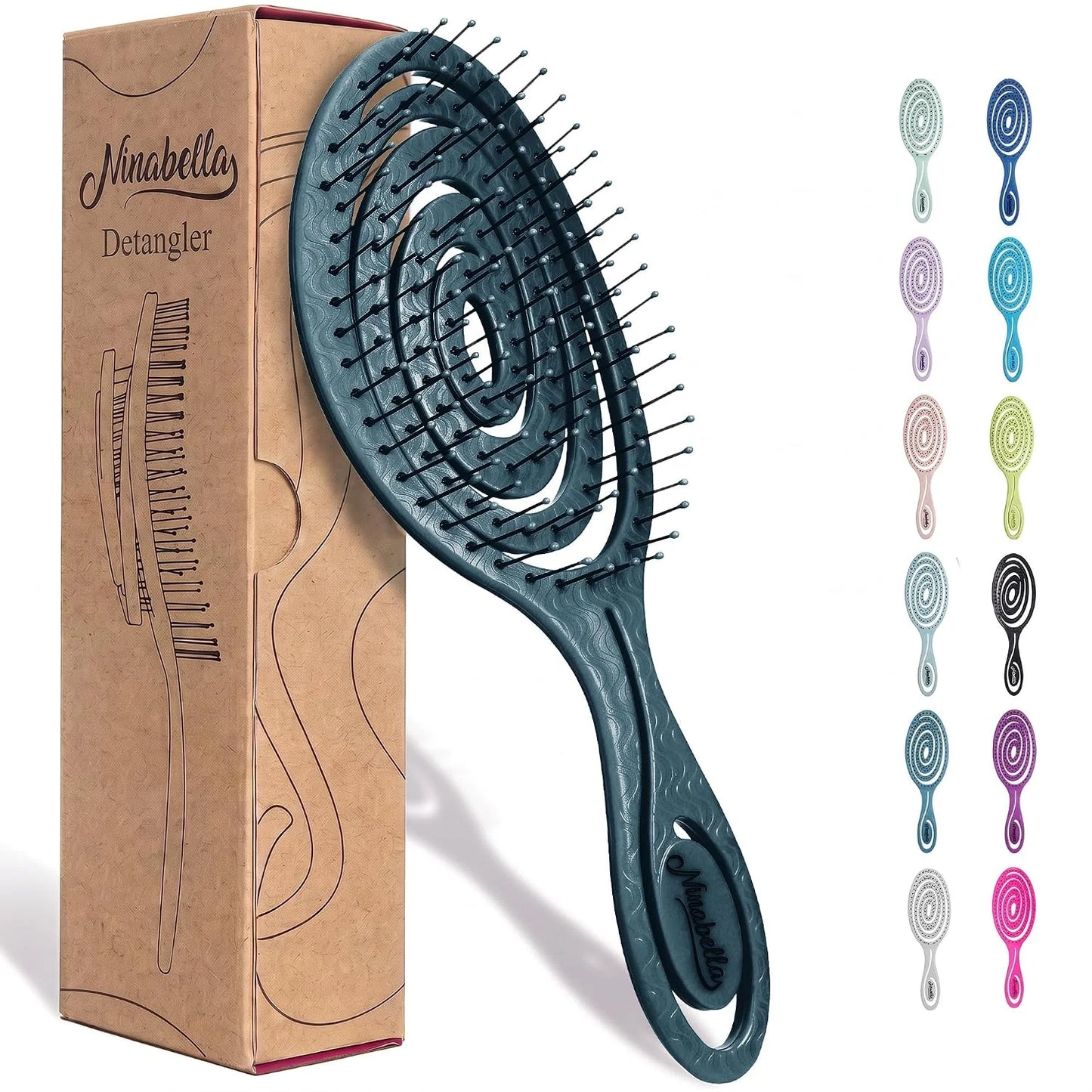 Ninabella Detangler Brush - No Tangle Hair Brush for Women, Fine, Thick and Long Hair - Hairbrush for Wet and Dry Hair, Gentle on the Scalp - Elegant Black