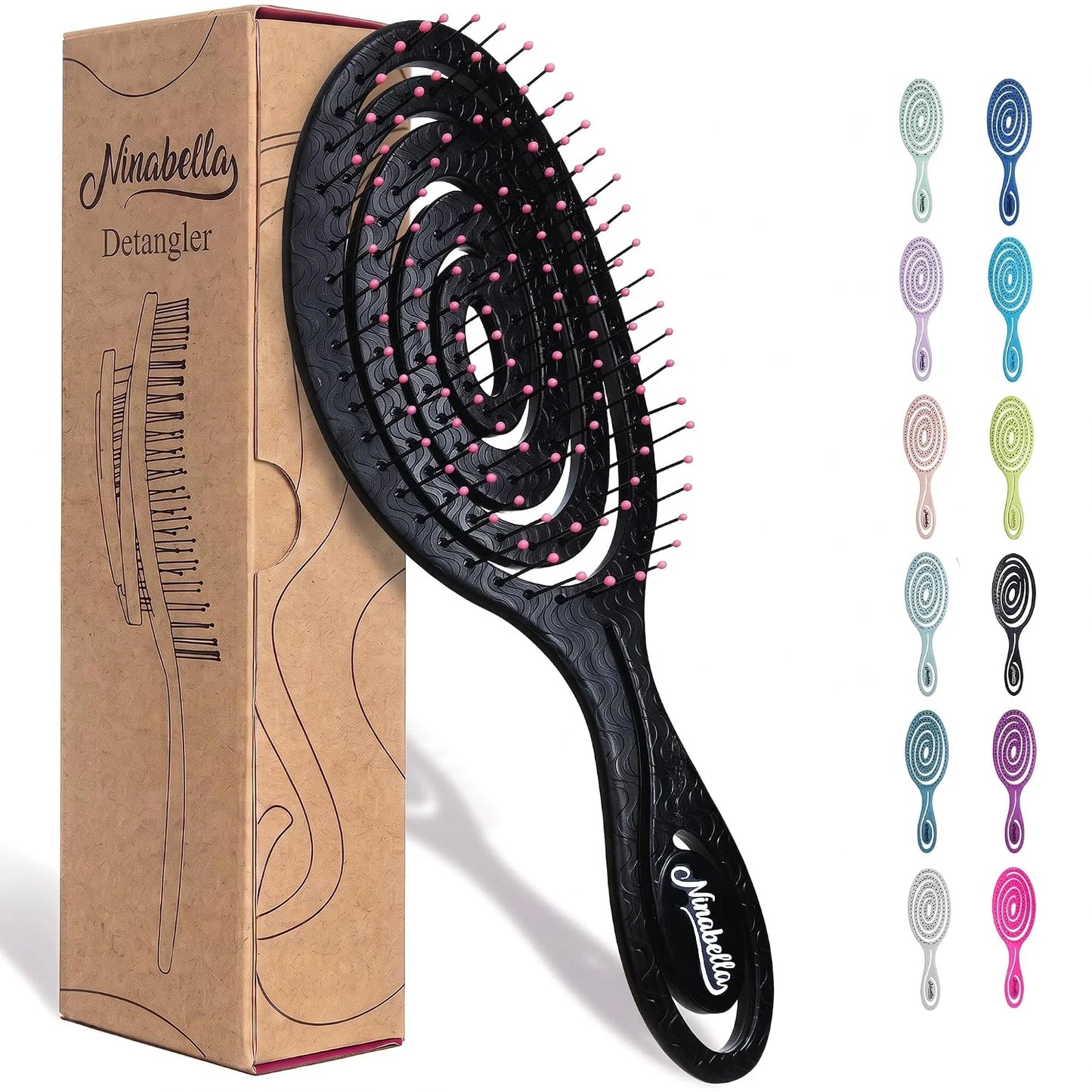 Ninabella Detangler Brush - No Tangle Hair Brush for Women, Fine, Thick and Long Hair - Hairbrush for Wet and Dry Hair, Gentle on the Scalp - Elegant Black