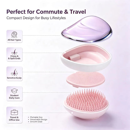 Portable Detangling Hair Brush with Protective Cover, Air Cushion Anti‑Pull Scalp Massage Comb, Travel Pocket Hair Detangler Brush for Wet Dry Curly Knotted Hair, for Women Girls