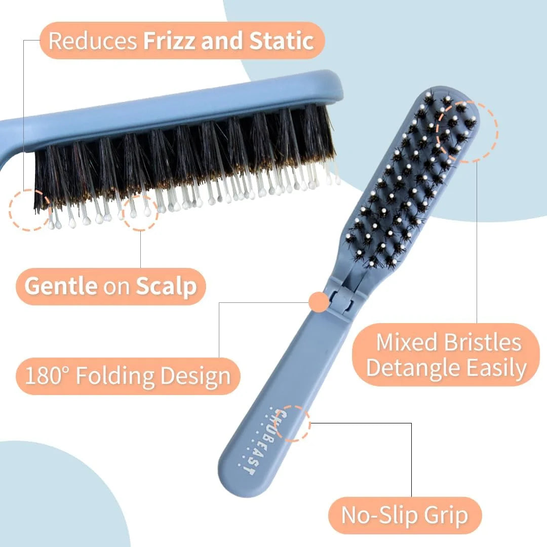 Uffy MiniPop Travel Hair Brush – Mini Folding Boar Bristles for Women, Men & Kids | Kid-Friendly Portable Purse Brush for Wet & Dry Hair, Curly or Straight | Pocket-Size Detangler – Hot Pink