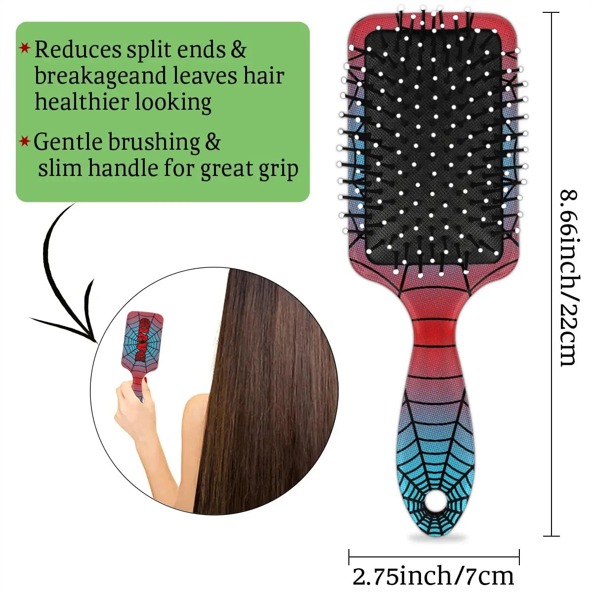 Personalized-Kids-Hair-Brush for Boy Girls Custom Gift Detangler Brush Soft Bristle Hair Brushes Travel Hair Brush for All Hair Types Christmas Hallowmas Spider Web Sliver Dot