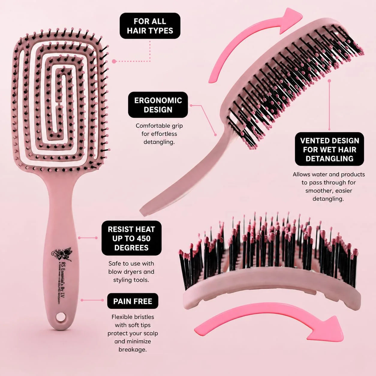 RS ESSENTIAL'S BY LV detangler brush hair brush detangler tangle vented hair brushes for women pink hairbrush black hair brush detangling brush (PINK)