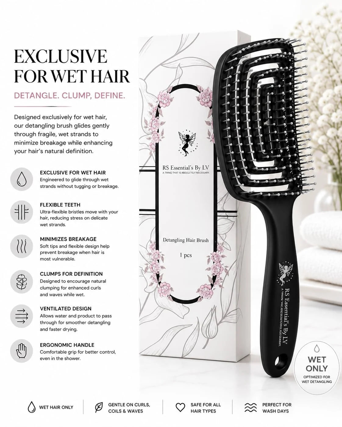 RS ESSENTIAL'S BY LV detangler brush hair brush detangler tangle vented hair brushes for women pink hairbrush black hair brush detangling brush (PINK)