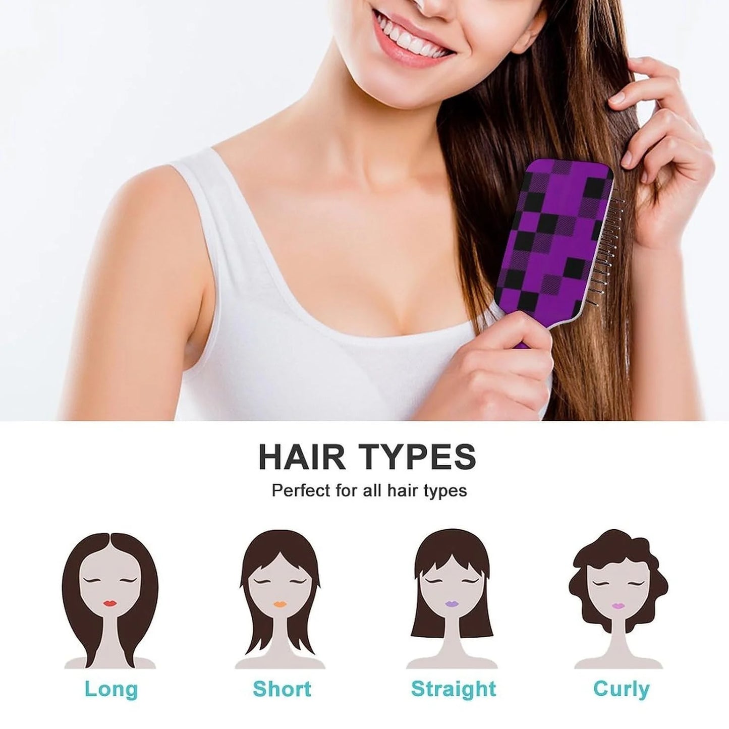 Women Girls Ladies Hair Brush Purple Black Buffalo Check Plaid Pattern, Paddle Brush for Detangling Scalp Massage, Cushion Hairbrush for Long Thick Curly Hair