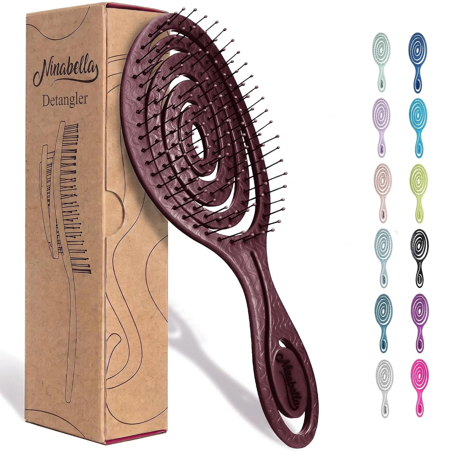 Ninabella Detangler Brush - No Tangle Hair Brush for Women, Fine, Thick and Long Hair - Hairbrush for Wet and Dry Hair, Gentle on the Scalp - Elegant Black