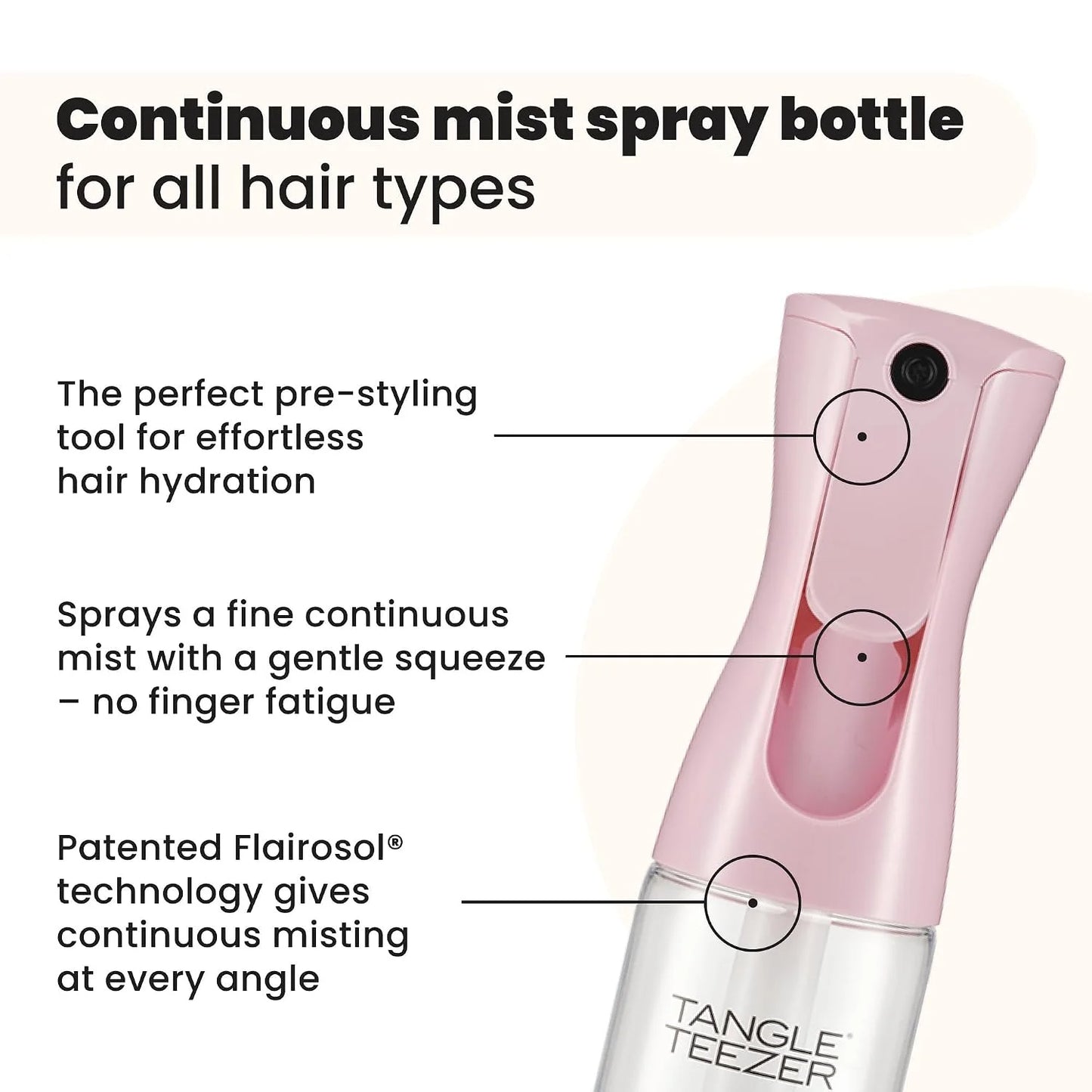 TANGLE TEEZER Fine Mist Spray Bottle, Refillable, 10.1 oz, Black