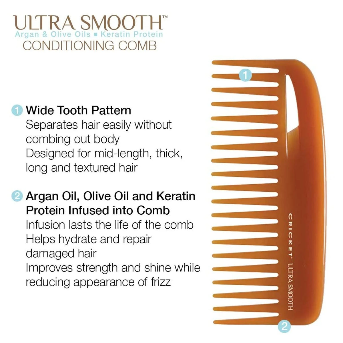Cricket Ultra Smooth Coconut Conditioning Comb – Infused with Coconut Oil & Keratin for Frizz-Free Shine and Hydration, Ideal for Mid-Length, Thick, and Textured Hair