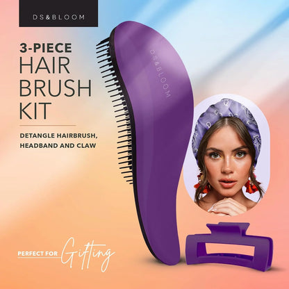 Detangling Brush Set for Women: Hairbrush for Natural, Curly, Wet or Dry Hair - Headband and Hair Claw Included, 3-Piece Accessories Kit