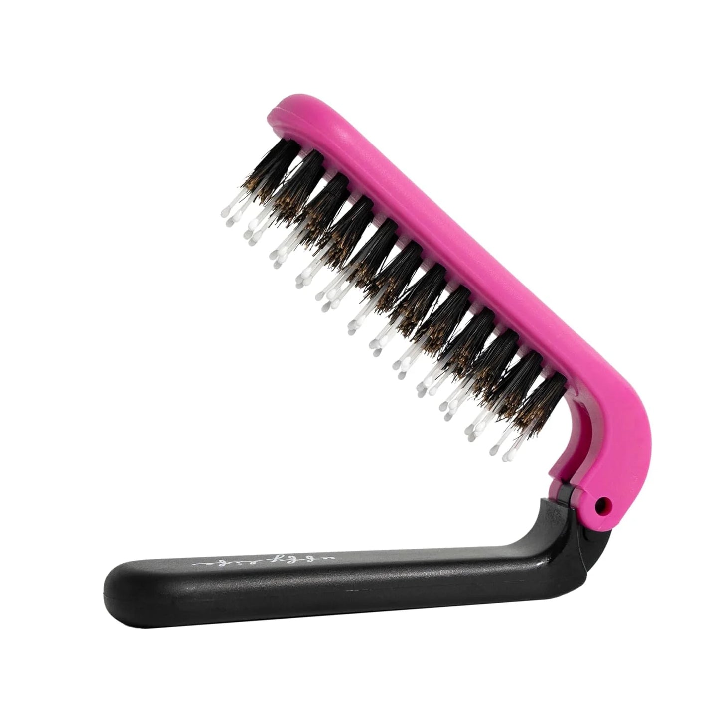 Uffy MiniPop Travel Hair Brush – Mini Folding Boar Bristles for Women, Men & Kids | Kid-Friendly Portable Purse Brush for Wet & Dry Hair, Curly or Straight | Pocket-Size Detangler – Hot Pink