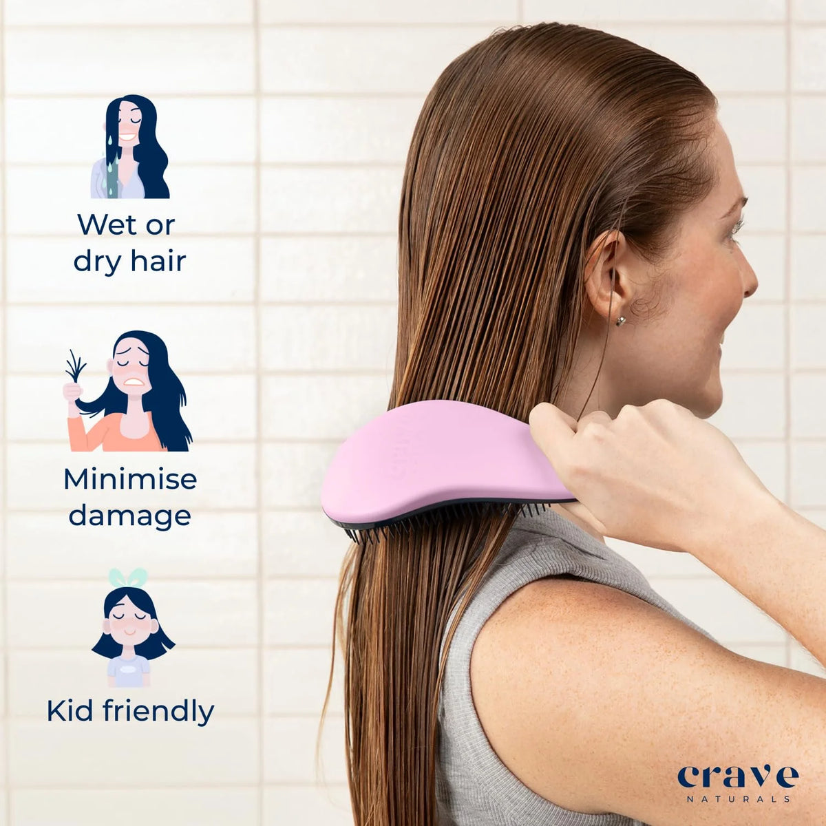 Crave Naturals Glide Thru Hair Brush - Detangler Brush for Curly, Straight, Wet or Dry Hair - Gentle Detangling Brushes for Adults, Kids, Toddlers - Hair Accessories for Women, 7.5x3" - Pink