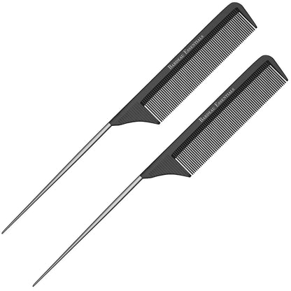 Professional 8.8 Inch Tail Comb (5 Pack) - Black Carbon Fiber and Stainless Steel Pintail - Anti Static and Heat Resistant Teasing Comb - Lightweight for All Hair Types