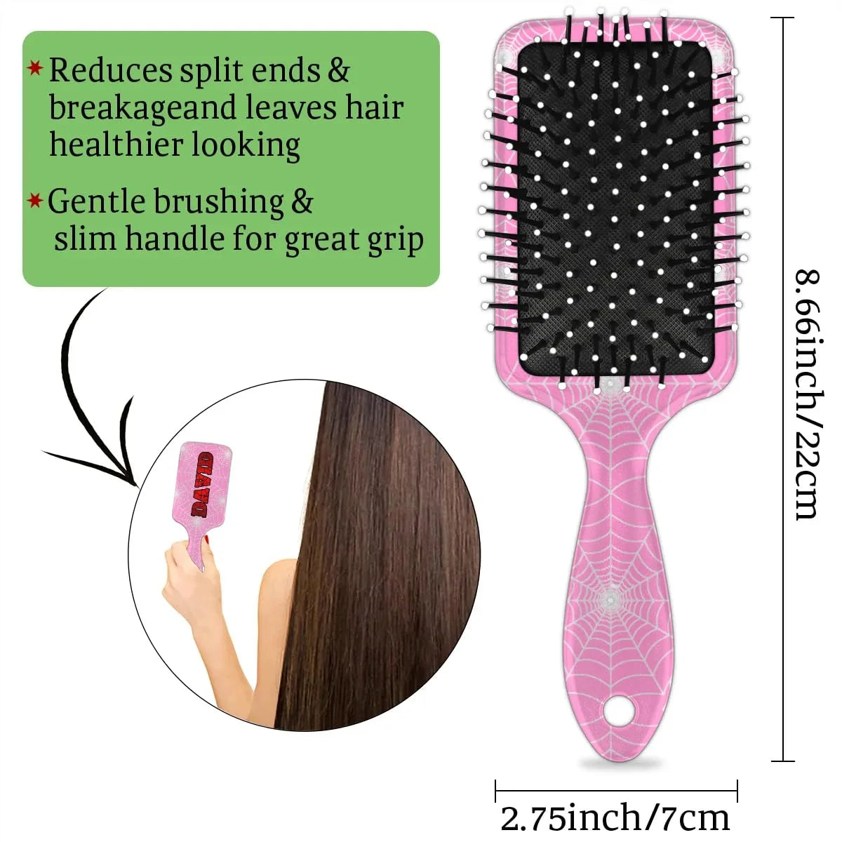 Personalized-Kids-Hair-Brush for Boy Girls Custom Gift Detangler Brush Soft Bristle Hair Brushes Travel Hair Brush for All Hair Types Christmas Hallowmas Spider Web Sliver Dot