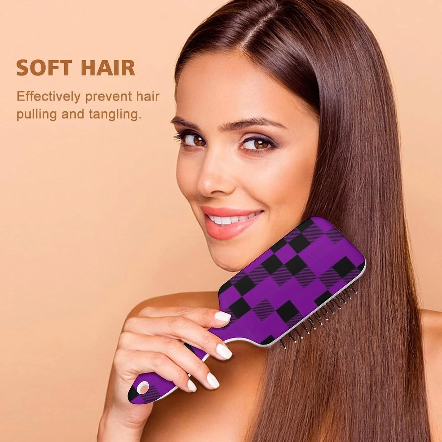 Women Girls Ladies Hair Brush Purple Black Buffalo Check Plaid Pattern, Paddle Brush for Detangling Scalp Massage, Cushion Hairbrush for Long Thick Curly Hair