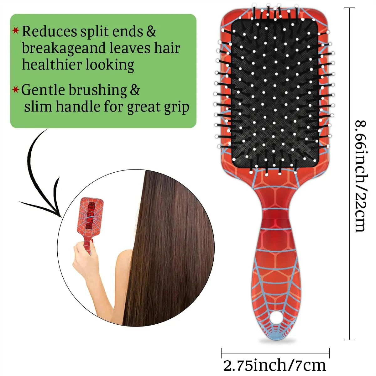 Personalized-Kids-Hair-Brush for Boy Girls Custom Gift Detangler Brush Soft Bristle Hair Brushes Travel Hair Brush for All Hair Types Christmas Hallowmas Spider Web Sliver Dot
