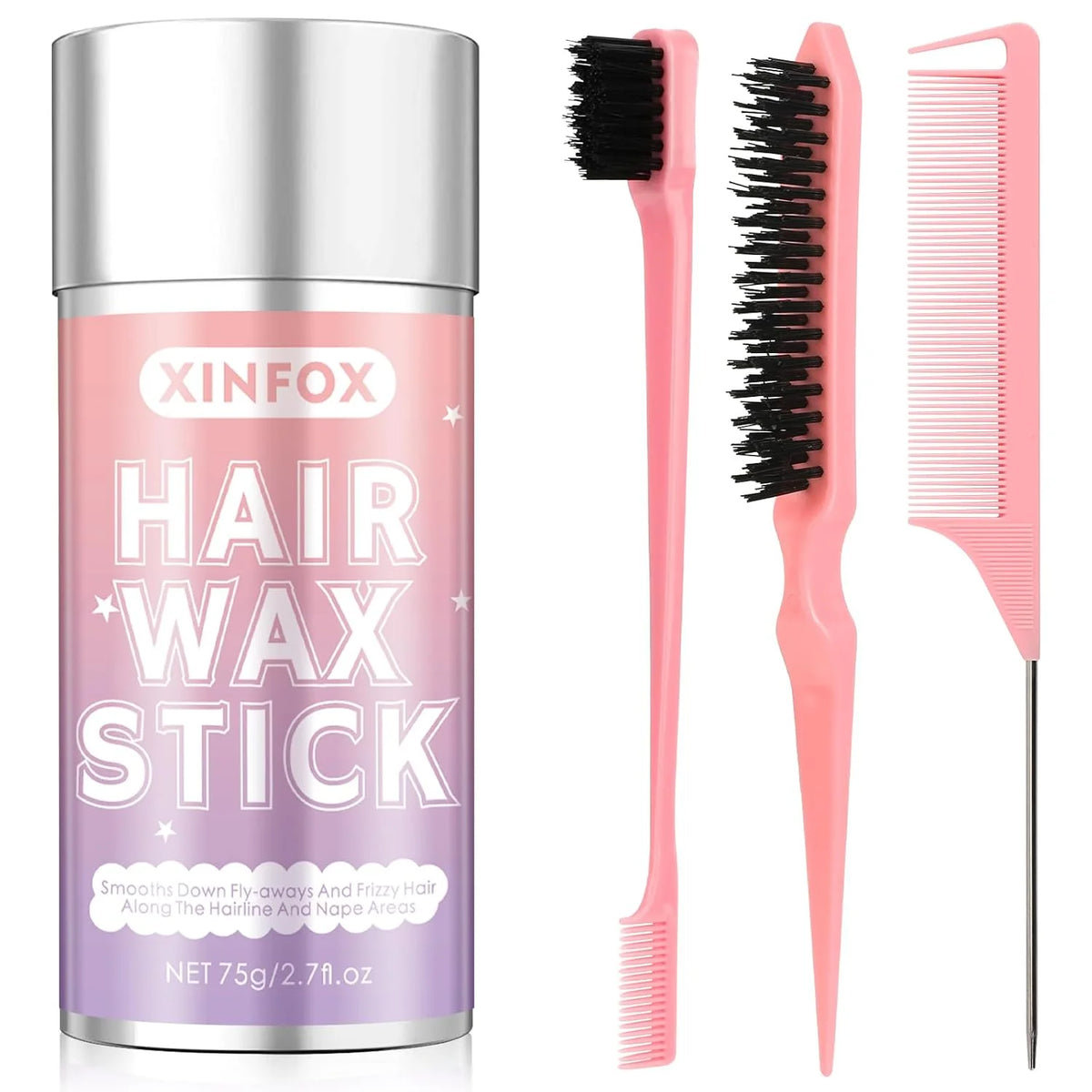 Hair Wax Stick, 5PC Boar Bristle Slick Back Hair Brush, Wax Stick for Flyaways, Rat Tail Comb Edge Brush Styling Tool Set Accessories for Women Girls(Pink)