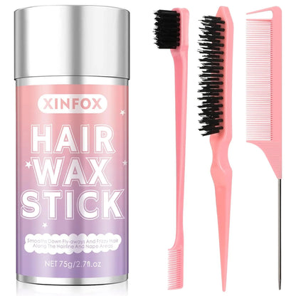 Hair Wax Stick, 5PC Boar Bristle Slick Back Hair Brush, Wax Stick for Flyaways, Rat Tail Comb Edge Brush Styling Tool Set Accessories for Women Girls(Pink)