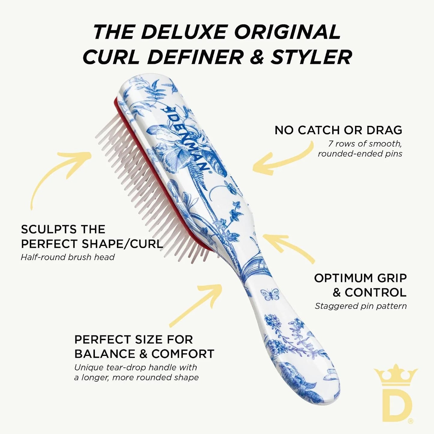 Denman D3 Original Curl Definer & Styler, Curly Hair Brush for Women & Men – 7 Row Detangling & Curl Defining Brush for Smooth Defined Curls - a precision Styling Brush for straight hair
