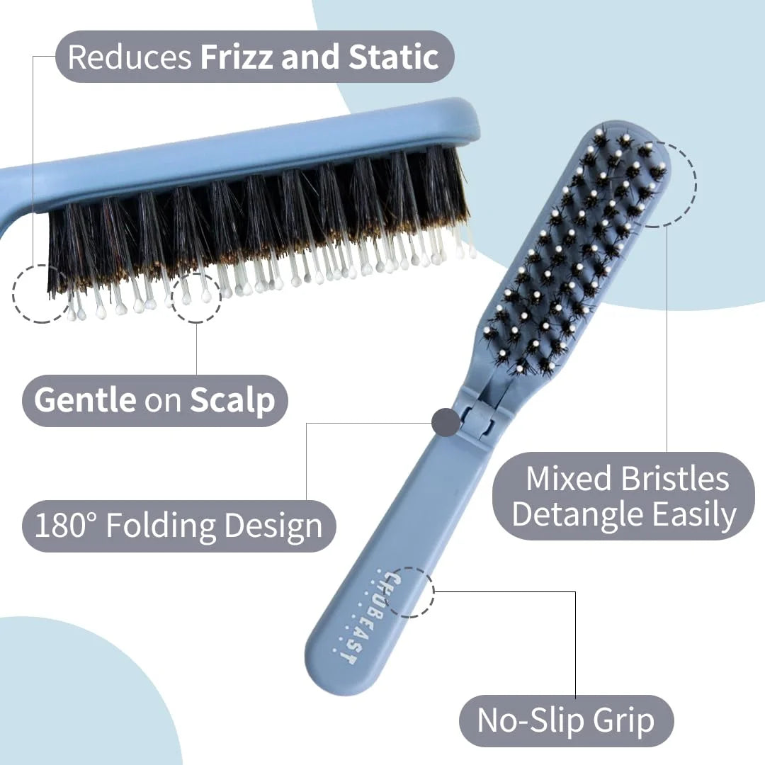 Uffy MiniPop Travel Hair Brush – Mini Folding Boar Bristles for Women, Men & Kids | Kid-Friendly Portable Purse Brush for Wet & Dry Hair, Curly or Straight | Pocket-Size Detangler – Hot Pink