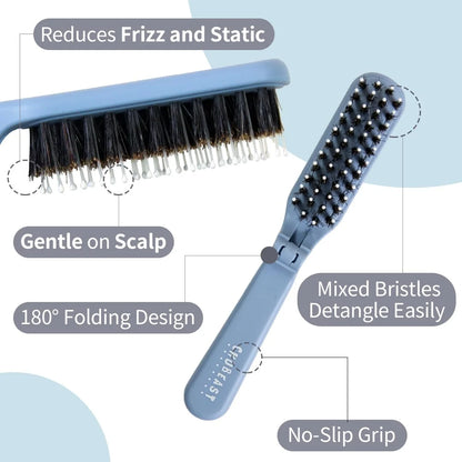 Uffy MiniPop Travel Hair Brush – Mini Folding Boar Bristles for Women, Men & Kids | Kid-Friendly Portable Purse Brush for Wet & Dry Hair, Curly or Straight | Pocket-Size Detangler – Hot Pink