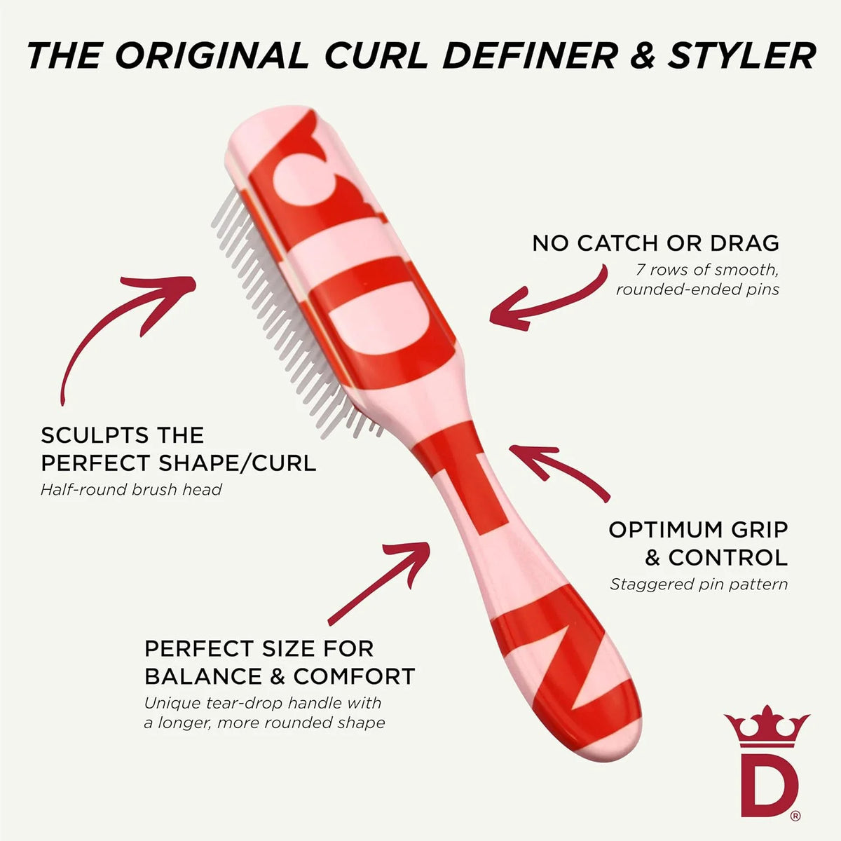 Denman D3 Original Curl Definer & Styler, Curly Hair Brush for Women & Men – 7 Row Detangling & Curl Defining Brush for Smooth Defined Curls - a precision Styling Brush for straight hair