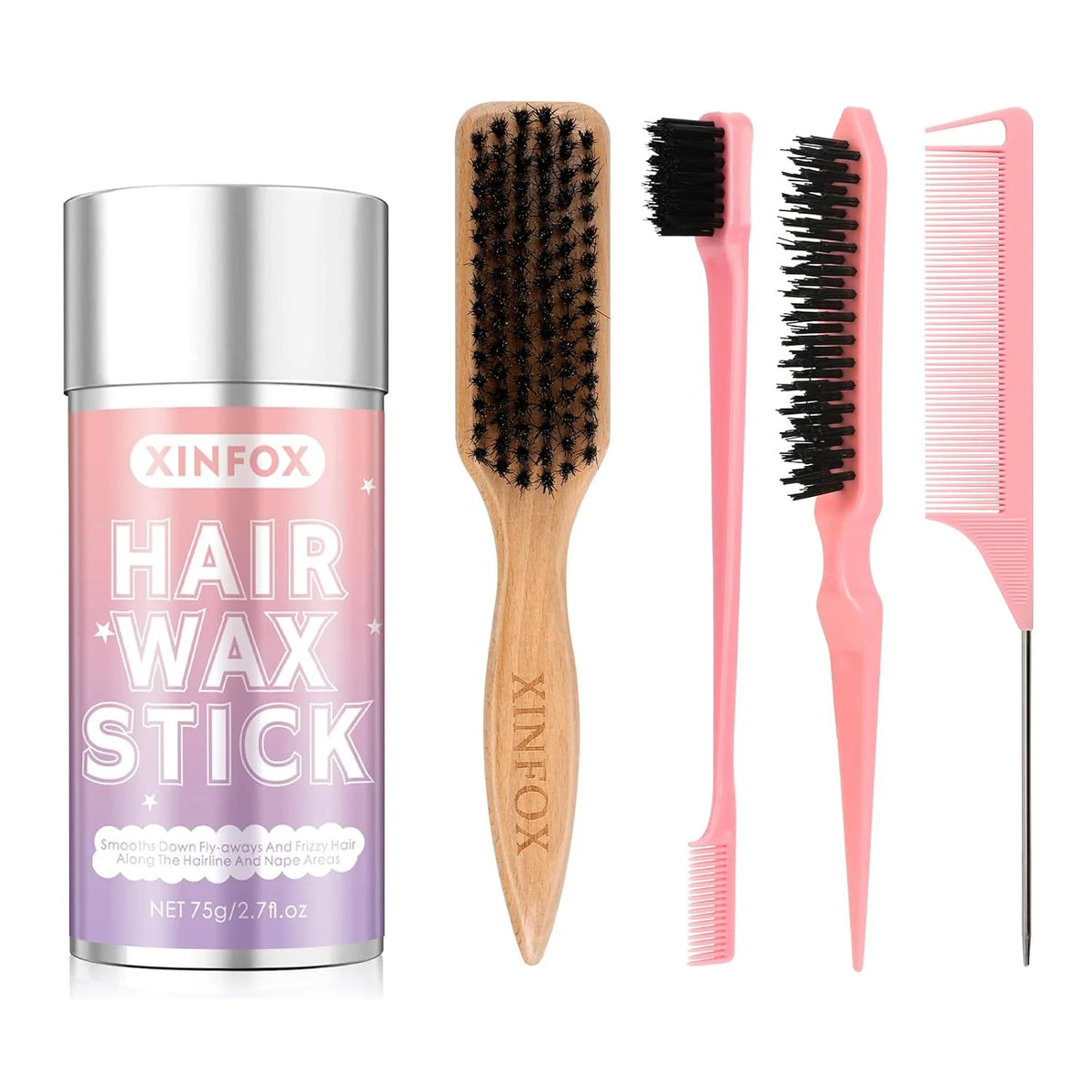 Hair Wax Stick, 5PC Boar Bristle Slick Back Hair Brush, Wax Stick for Flyaways, Rat Tail Comb Edge Brush Styling Tool Set Accessories for Women Girls(Pink)
