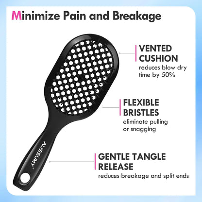 Vented Detangling Hair Brush - 2 Pack Detangler Hairbrush for Effortless Tangle Removal - Ultra-Soft Bristles -For Natural Curly Straight Wet Dry Damaged Hair for Women Men Kids - Black & Blue