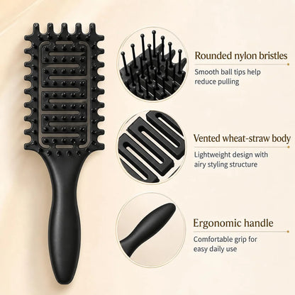 Curl Defining Brush for Curly Hair, Vented Detangling Hair Brush for Wet and Dry Styling, Curved Brush for Shaping and Smoothing Curl Clumps, Lightweight Hair Brush (2Pcs Black)