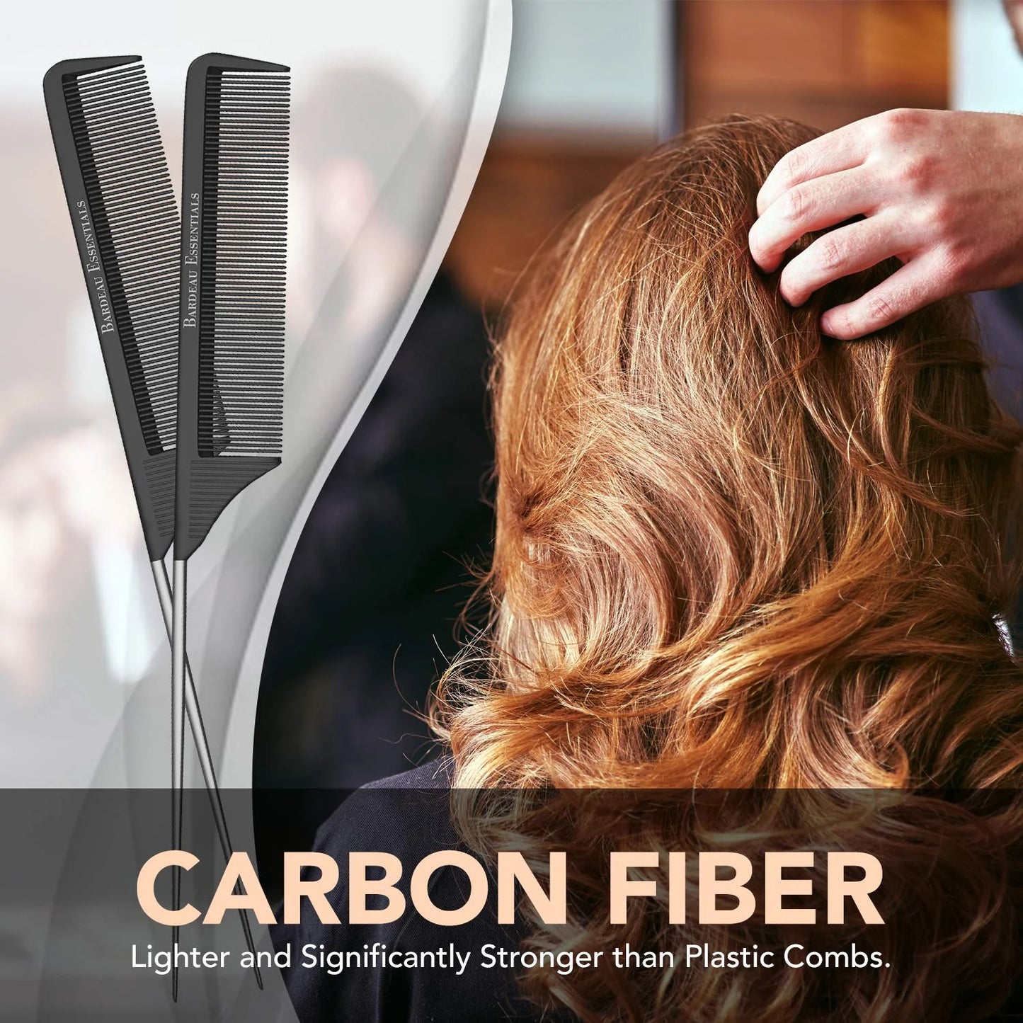 Professional 8.8 Inch Tail Comb (5 Pack) - Black Carbon Fiber and Stainless Steel Pintail - Anti Static and Heat Resistant Teasing Comb - Lightweight for All Hair Types