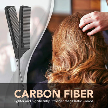 Professional 8.8 Inch Tail Comb (5 Pack) - Black Carbon Fiber and Stainless Steel Pintail - Anti Static and Heat Resistant Teasing Comb - Lightweight for All Hair Types