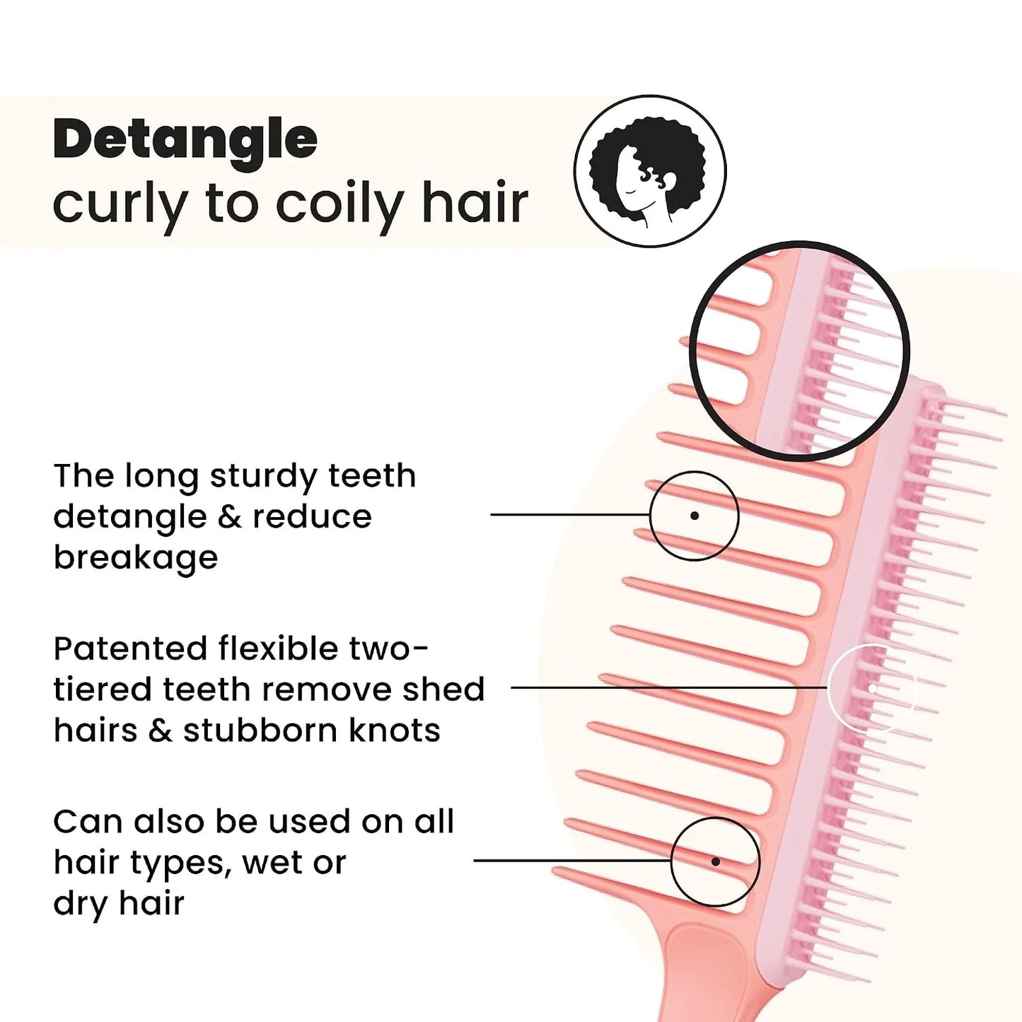 Tangle Teezer Wide Tooth Comb, Double Sided for Detangling and Less Breakage, for 3C to 4C Curly Hair Types, Peach