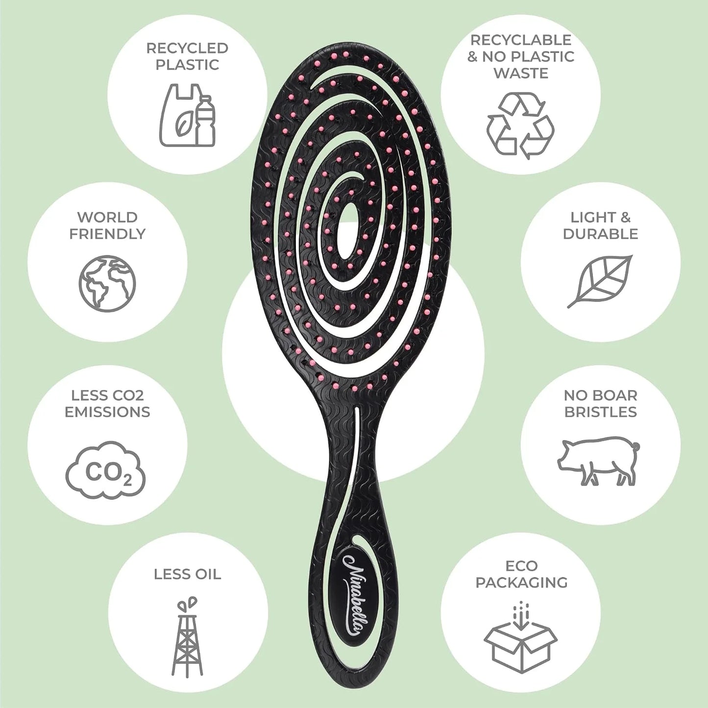 Ninabella Detangler Brush - No Tangle Hair Brush for Women, Fine, Thick and Long Hair - Hairbrush for Wet and Dry Hair, Gentle on the Scalp - Elegant Black