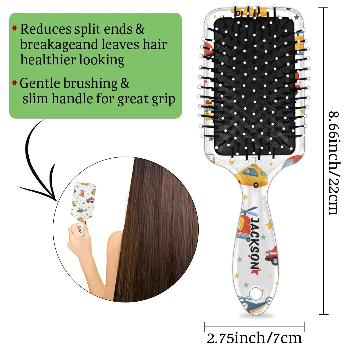 Personalized Cute Car Detangler-Hair-Brush for Kids Boys,Glides Through Tangles Comb,Custom Name Hair Brushes for All Hair Types Wet/Dry/Curly/Thick Hair,White 2