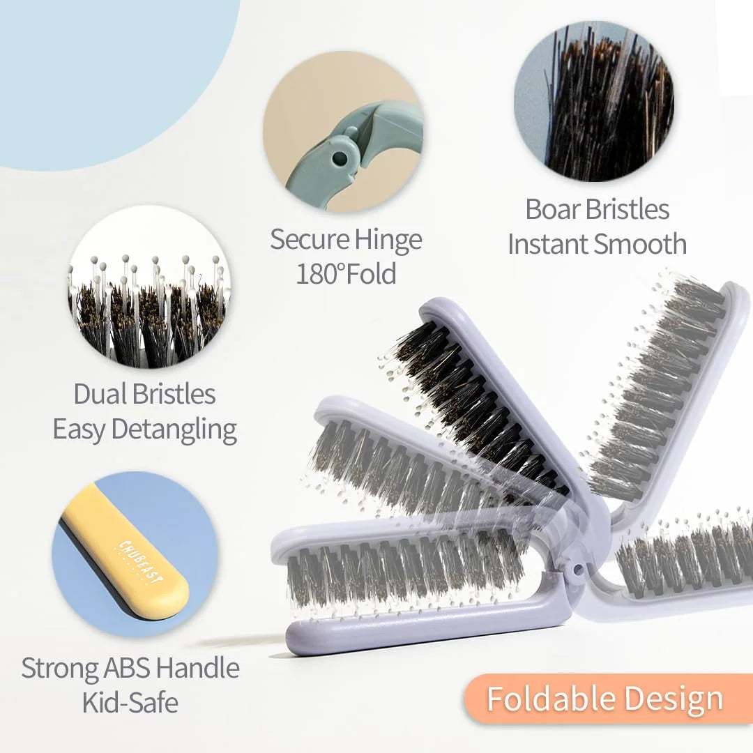 Uffy MiniPop Travel Hair Brush – Mini Folding Boar Bristles for Women, Men & Kids | Kid-Friendly Portable Purse Brush for Wet & Dry Hair, Curly or Straight | Pocket-Size Detangler – Hot Pink