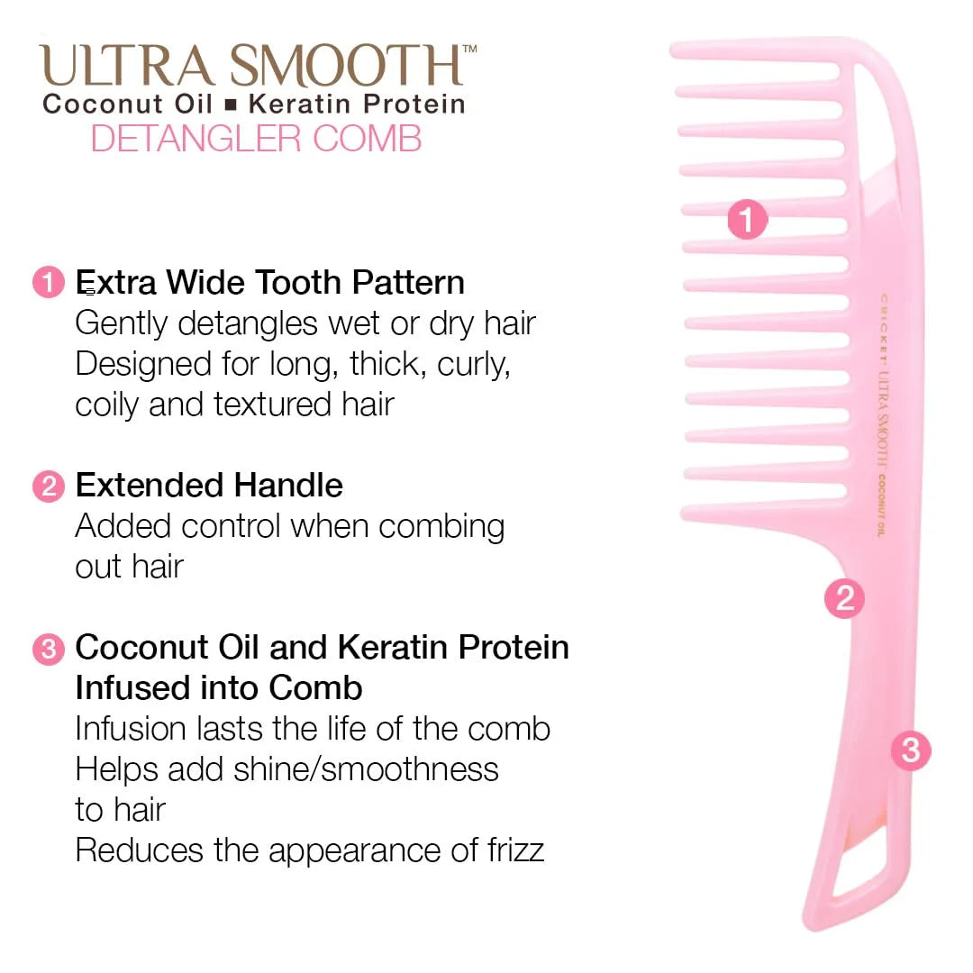 Cricket Ultra Smooth Coconut Conditioning Comb – Infused with Coconut Oil & Keratin for Frizz-Free Shine and Hydration, Ideal for Mid-Length, Thick, and Textured Hair