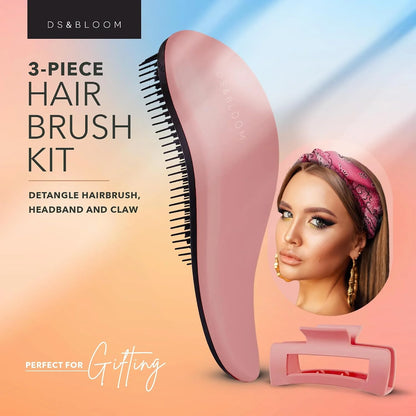 Detangling Brush Set for Women: Hairbrush for Natural, Curly, Wet or Dry Hair - Headband and Hair Claw Included, 3-Piece Accessories Kit