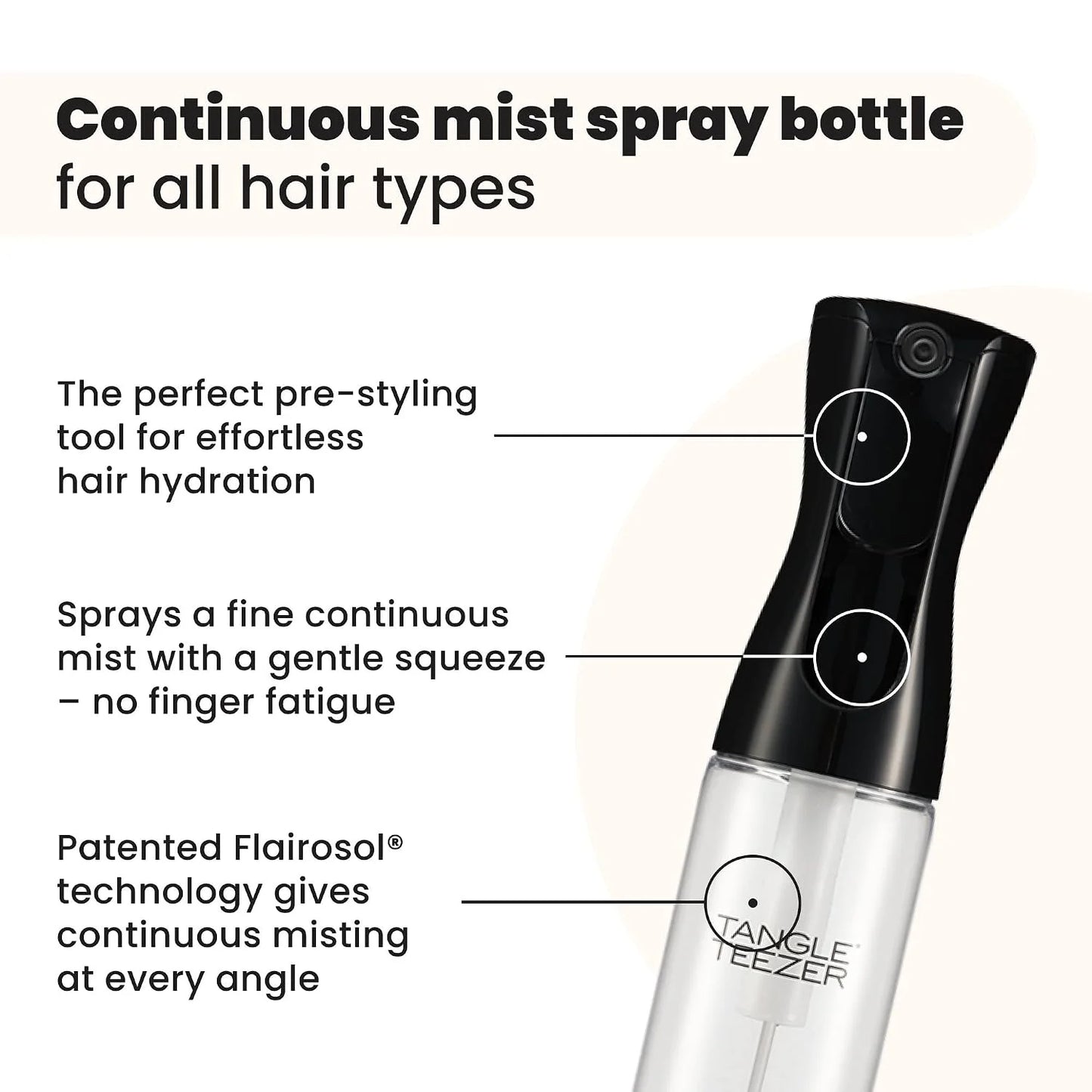 TANGLE TEEZER Fine Mist Spray Bottle, Refillable, 10.1 oz, Black