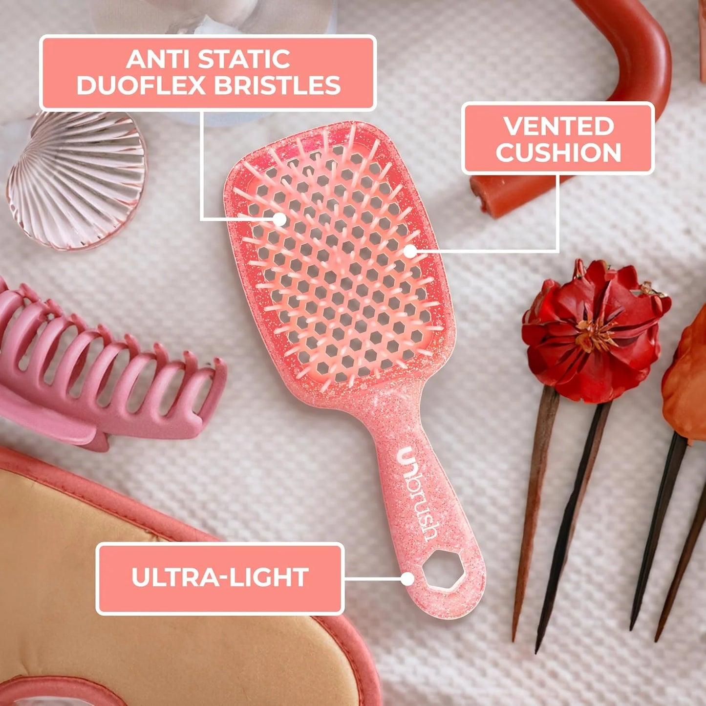 FHI Heat UNbrush Detangling Brush for Pain-Free Brushing on All Wet or Dry Hair Types — Durable DuoFlex Anti-Static Bristles, Lightweight Handle, Vented Hair Brush