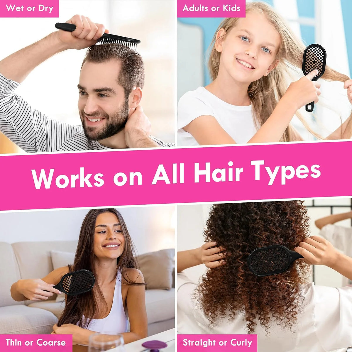 Vented Detangling Hair Brush - 2 Pack Detangler Hairbrush for Effortless Tangle Removal - Ultra-Soft Bristles -For Natural Curly Straight Wet Dry Damaged Hair for Women Men Kids - Black & Blue