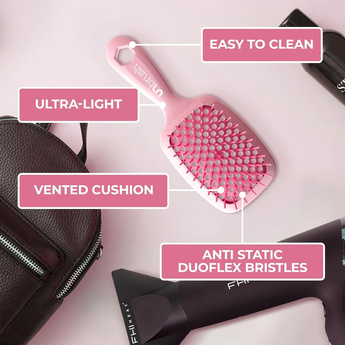 FHI Heat UNbrush Detangling Brush for Pain-Free Brushing on All Wet or Dry Hair Types — Durable DuoFlex Anti-Static Bristles, Lightweight Handle, Vented Hair Brush