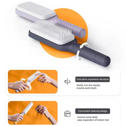 Self-Cleaning Hair Brush for Women, Anti-Static Detangling Comb with Rotating Handle, Purple, Suitable for All Hair Types (Purple)