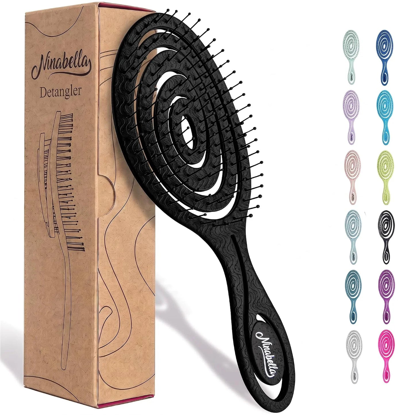 Ninabella Detangler Brush - No Tangle Hair Brush for Women, Fine, Thick and Long Hair - Hairbrush for Wet and Dry Hair, Gentle on the Scalp - Elegant Black