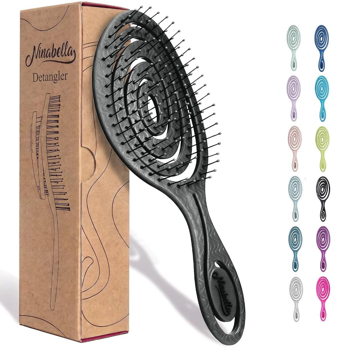 Ninabella Detangler Brush - No Tangle Hair Brush for Women, Fine, Thick and Long Hair - Hairbrush for Wet and Dry Hair, Gentle on the Scalp - Elegant Black