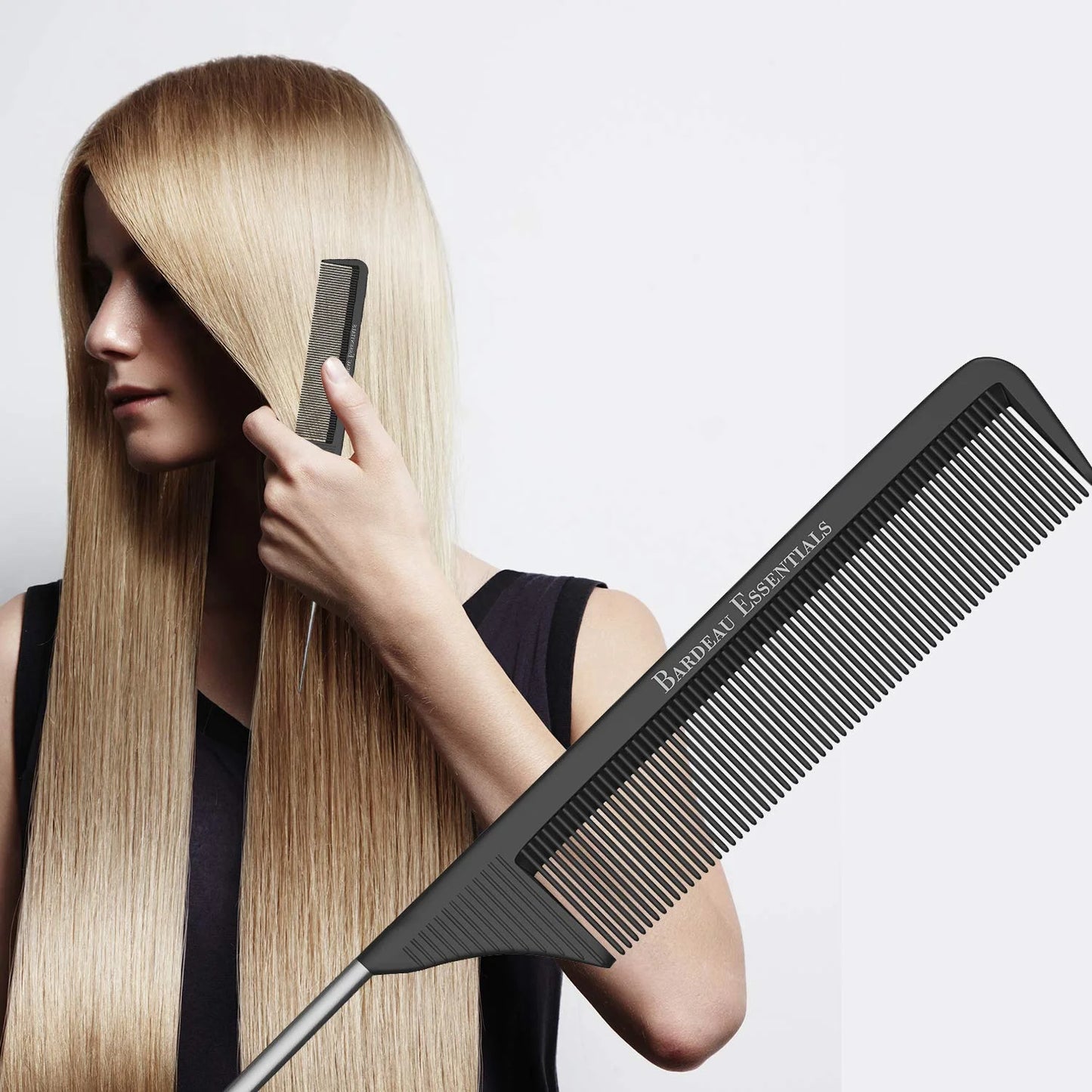 Professional 8.8 Inch Tail Comb (5 Pack) - Black Carbon Fiber and Stainless Steel Pintail - Anti Static and Heat Resistant Teasing Comb - Lightweight for All Hair Types