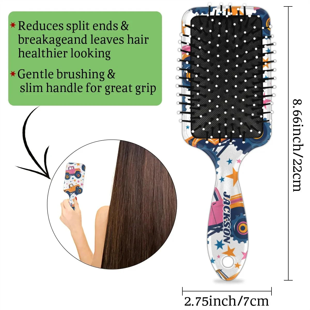 Personalized Cute Car Detangler-Hair-Brush for Kids Boys,Glides Through Tangles Comb,Custom Name Hair Brushes for All Hair Types Wet/Dry/Curly/Thick Hair,White 2